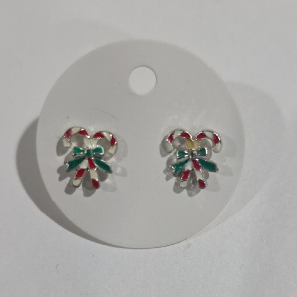 Festive Candy Cane Stud Earrings with Green Bow – Christmas Holiday Jewelry Gift - Picture 3 of 8